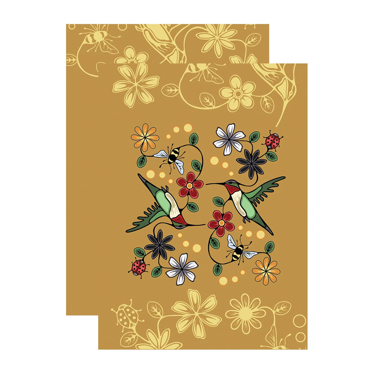 Indigenous illustrations of hummingbirds, flowers, ladybugs, and beetles