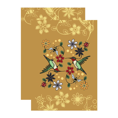 Indigenous illustrations of hummingbirds, flowers, ladybugs, and beetles
